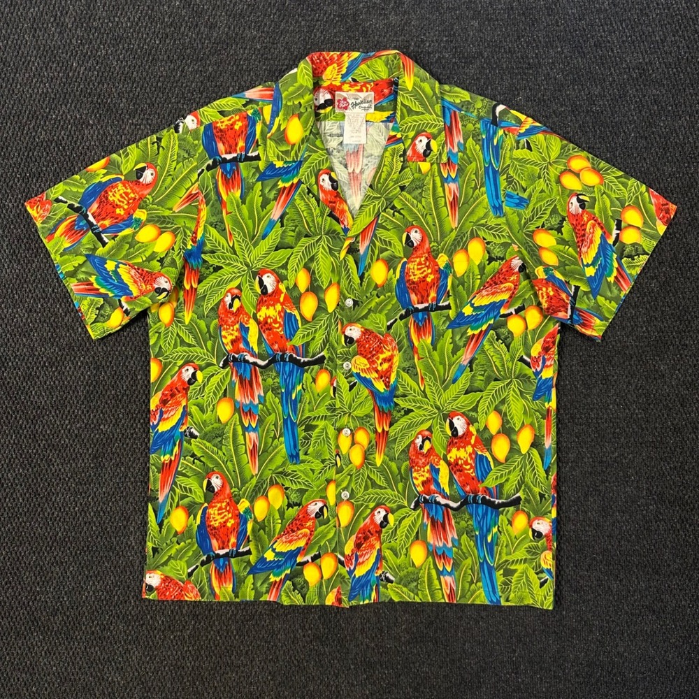 Vintage Hilo Hattie Hawaiian Aloha Shirt Mens L Green Parrot Tropical Resort